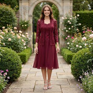 NWOT Fanny #1820 Short Lace and Chiffon Mothers Formal Dress-Size XL-BURGUNDY
